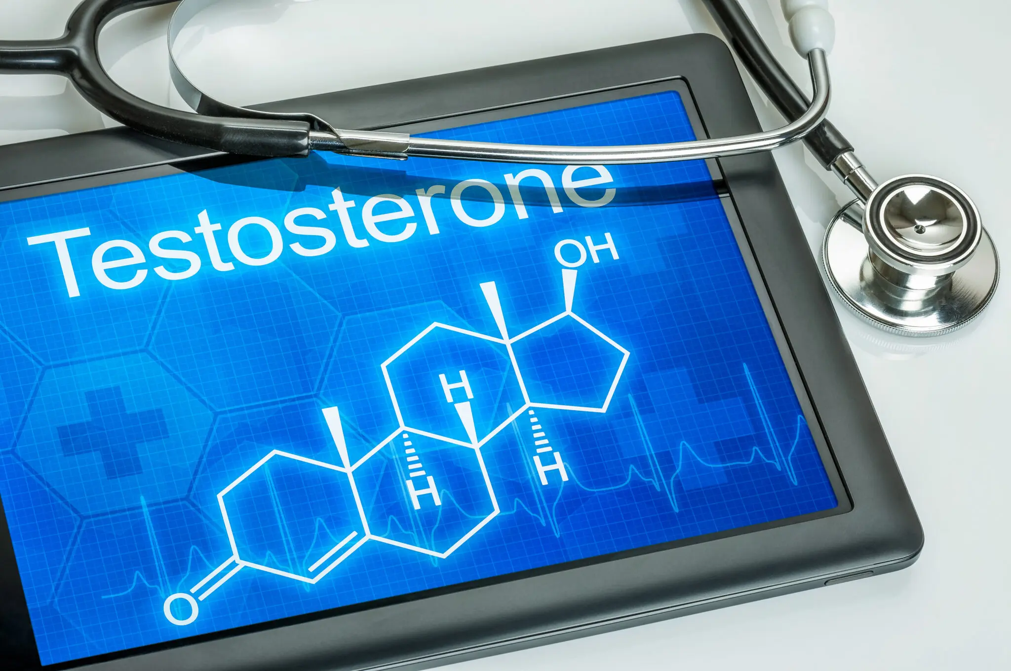 Tablet displaying testosterone chemical formula.